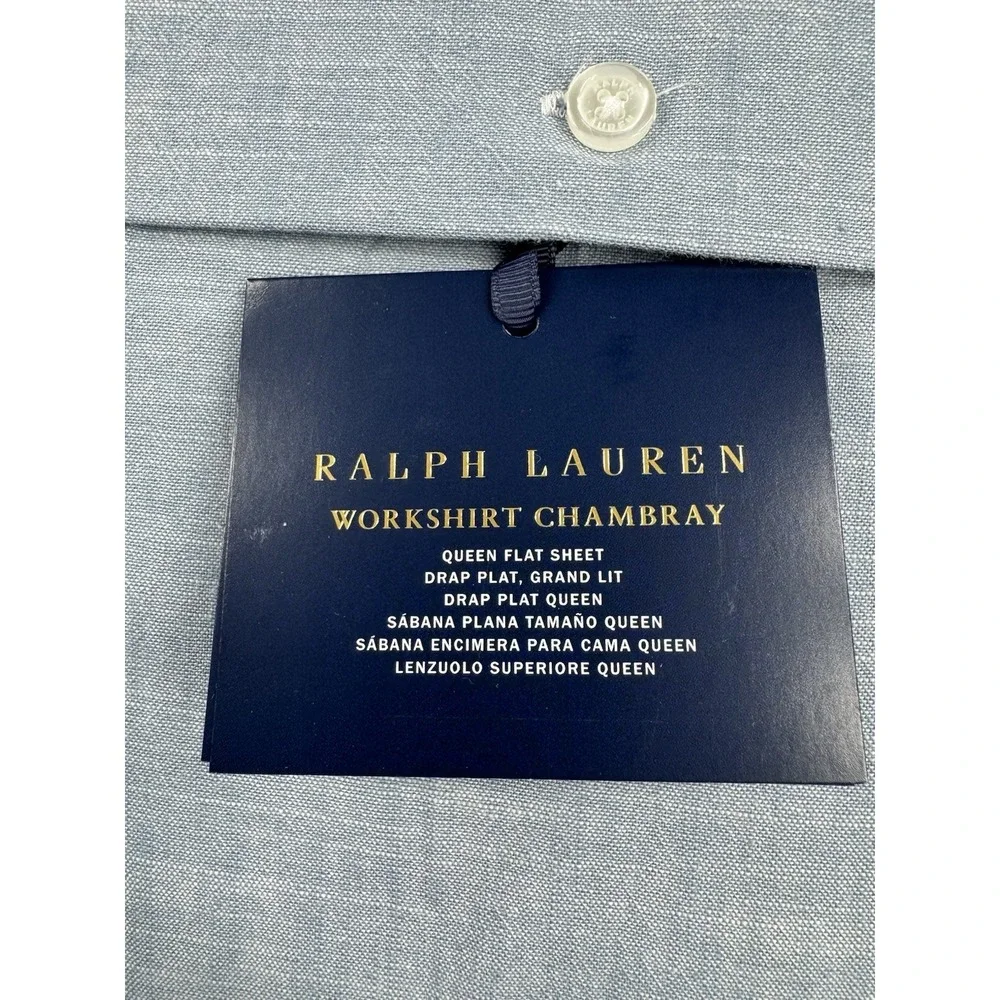 New Ralph Lauren WORKSHIRT CHAMBRAY Blue‎ Flat Sheet - Queen $215